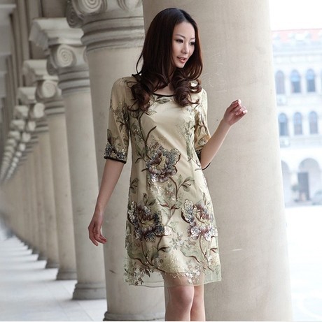 2014 New Spring Summer Silk Dress Half Sleeve O-neck Embroidery Plus Size Women One-piece Dress Free Shipping LY233