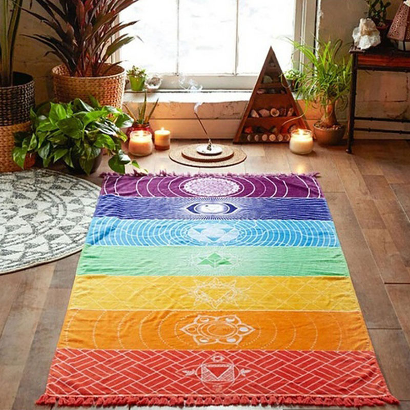 Description Picture 2 of itemPolyester Bohemia Wall Hanging India Mandala Blanket 7Chakra Colored Tapestry Rainbow Stripes Travel Summer Beach Yoga Mat
