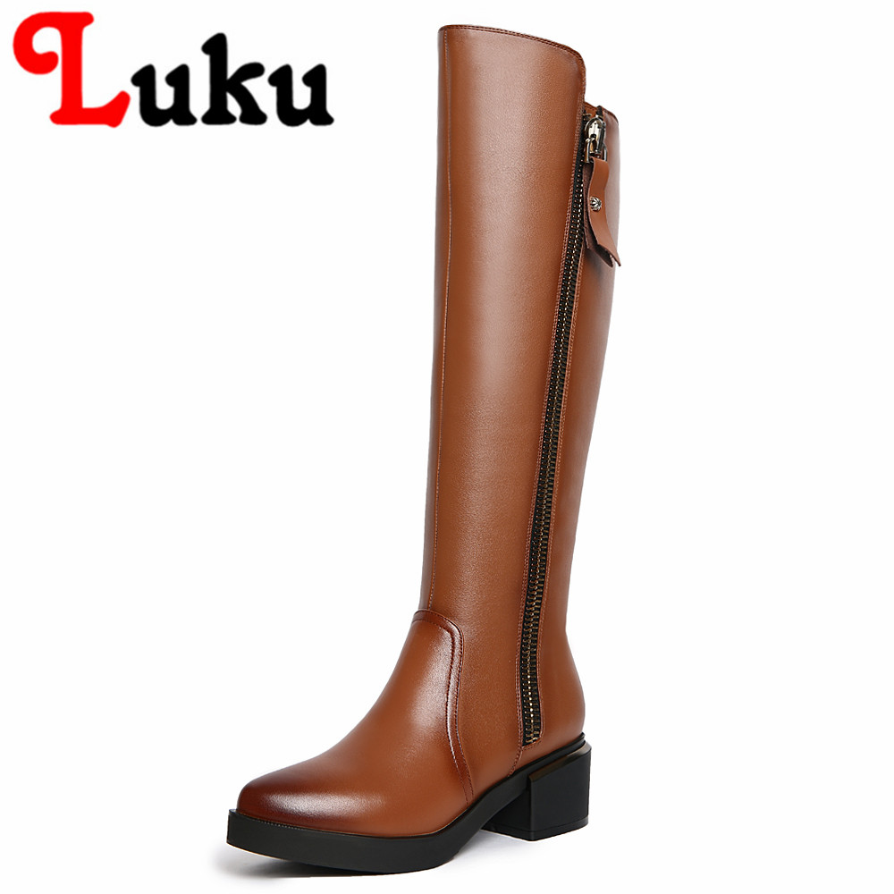 New fashion med square heel knee-high riding boots made of high quality genuine leather with metal zipper women winter shoes
