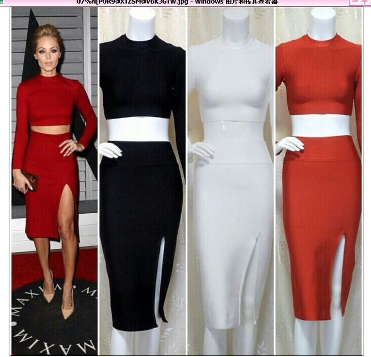 2014 New Arrival 3 Colours Ladies HL Bandage Dress Long Sleeve Two Pieces Evening Party Dress Sexy Celebrity Dress Wholesale