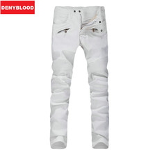 Mens 100% Cotton White Denim Pleated Slim Straight Biker Jeans Pants Male Fashion Denim Cargo Pants Jeans Long Trousers 1027