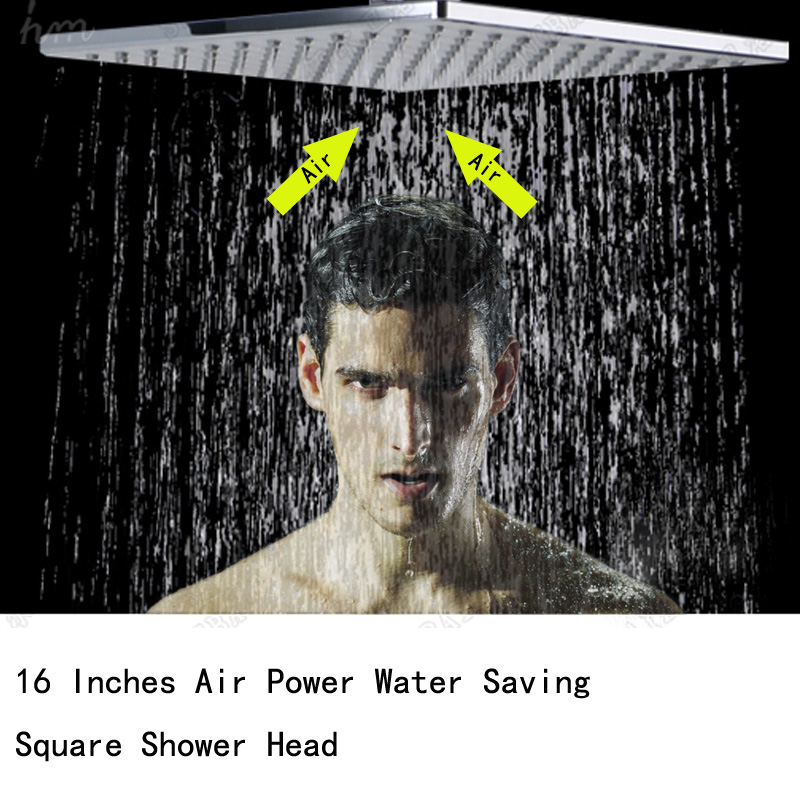 Air powered water saving square bath shower modern ceiling mounted 16 inches brushed/mirror overhead shower bathroom accessories