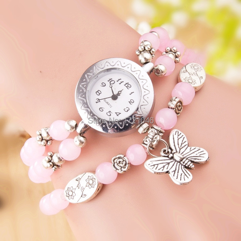Summer New Fashion Quality watches Semi precious Rally wire bracelet watch Natural Stone Butterfly Pendant Wristwatche