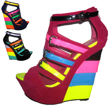 Hot New Design Candy neon colorant match velvet leather Buckle strap ladies Wedge sandals ultra high heels wedges plus size36-41
