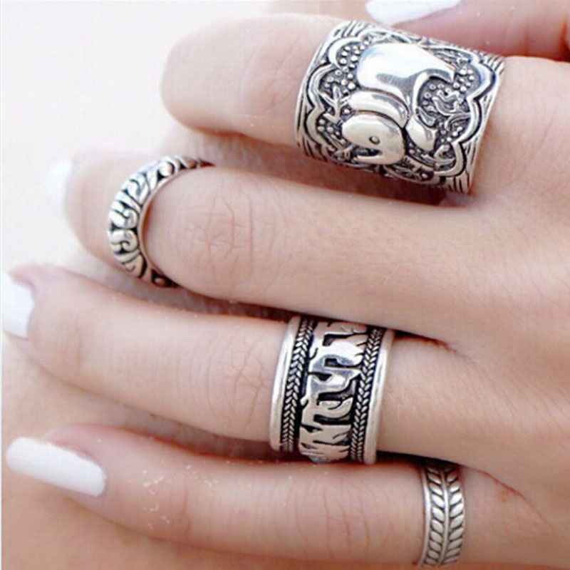 Free Shipping 4PCS Set Carved Antique Silver Elephant Above Knuckle Midi Finger Ring Set
