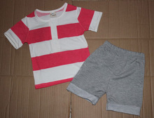 retail 2014 summer new design children clothing set for baby girl red white striped shirt gray