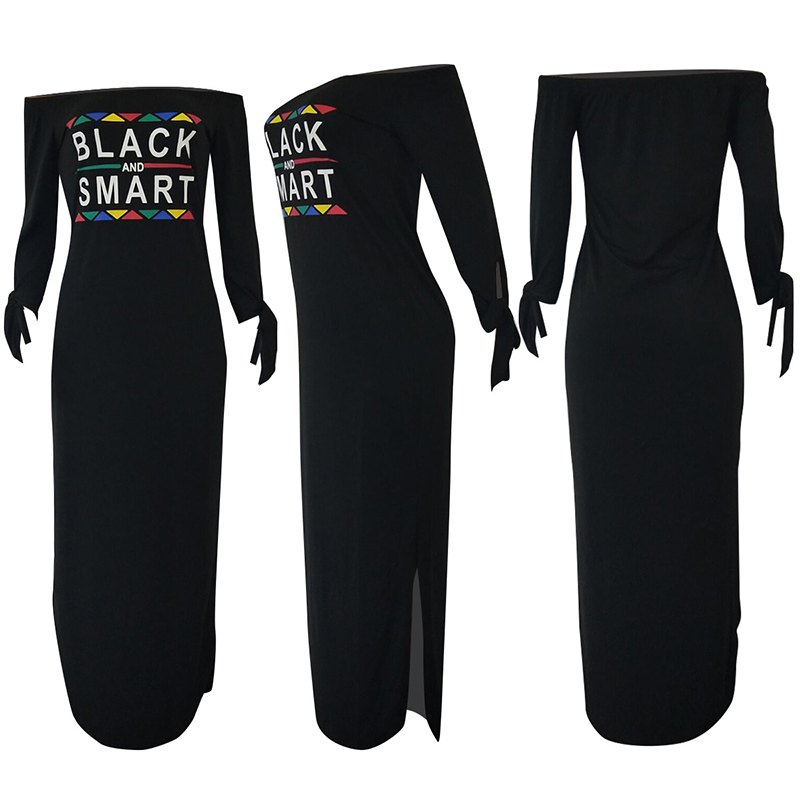 Womens Black Letter Print Off The Shoulder Long Sleeve T Shirt Maxi Dress  with Bowknot Sides Slit Loose Long Streetwear Dress|Dresses| - AliExpress