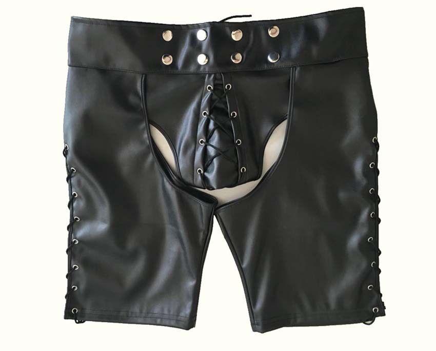 2021 Wholesale 2017 Black Sexy Tight Skinny Mens Leather Shorts Buttons And Bandage Details 