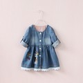 YR31350342 2017 Fashion Girl Dresses Denim Patchwork Lace Embroidery Flower Bunny Girl Princess Dresses Jeans Girl