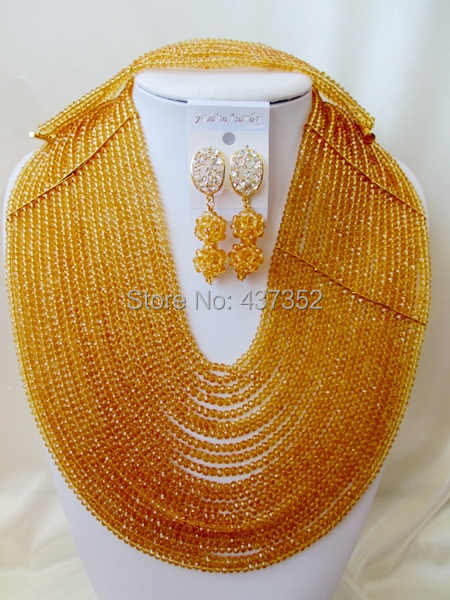Charming 20 layers Champagne Gold Crystal Nigerian Necklaces African Beads Wedding Jewelry Set 2015 New Free Shipping NC249
