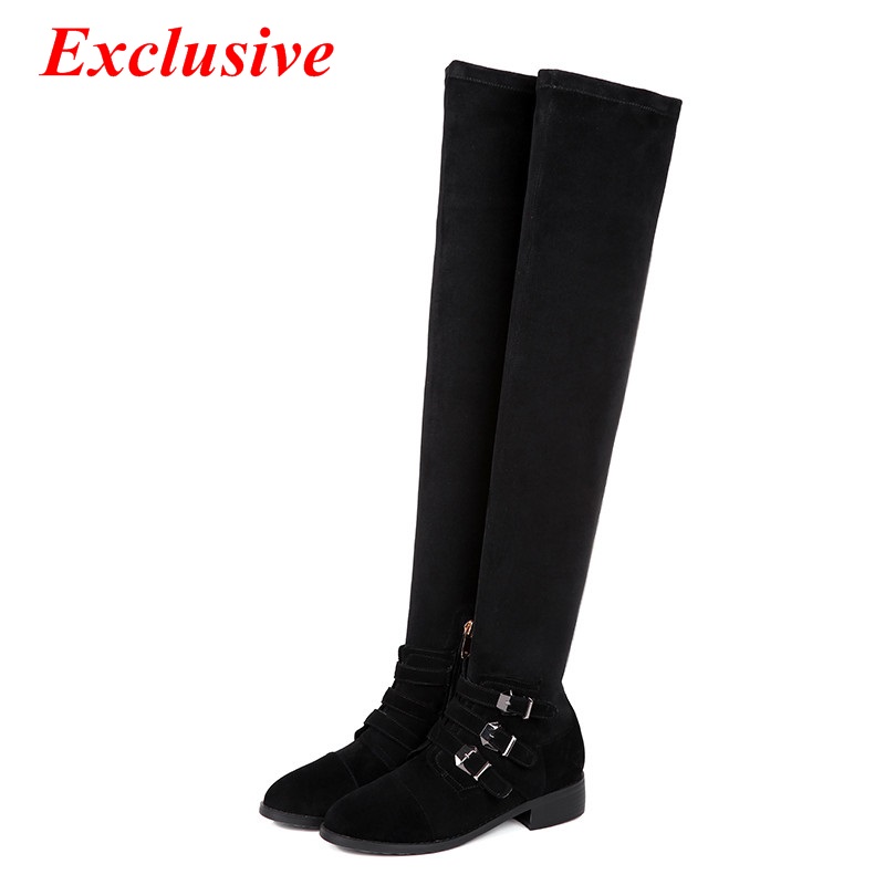 Woman Thick With Knee Boots Winter Short Plush Cowhide Buckle Long Boots Black Fashion High Quality Plus Size Buckle Knee Boots