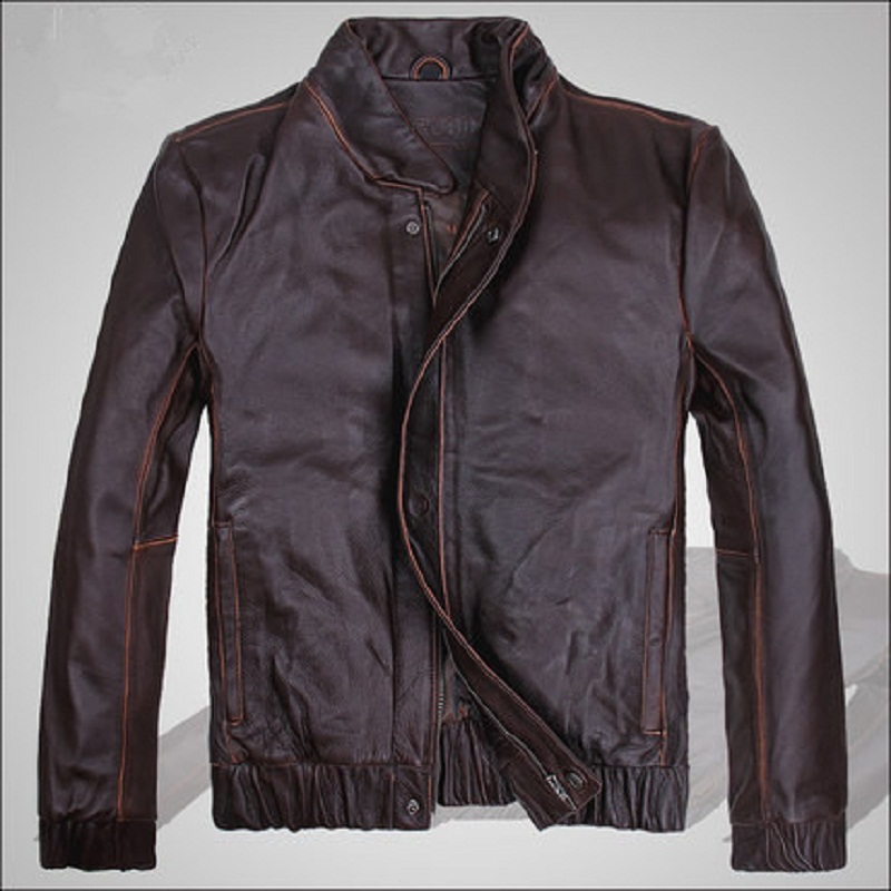 Leather Jacket Men 2015 Spring  Autumn  Winter  Brown Casual Full Short Mandarin Collar Genuine Leather Fashion ManJSH055