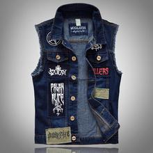 Men’s Denim Vest Patch Designs Sleeveless Jean Jacket Men Punk Rock Singer Costume Men Motorcycle Vest Harley Plus Size XXXL