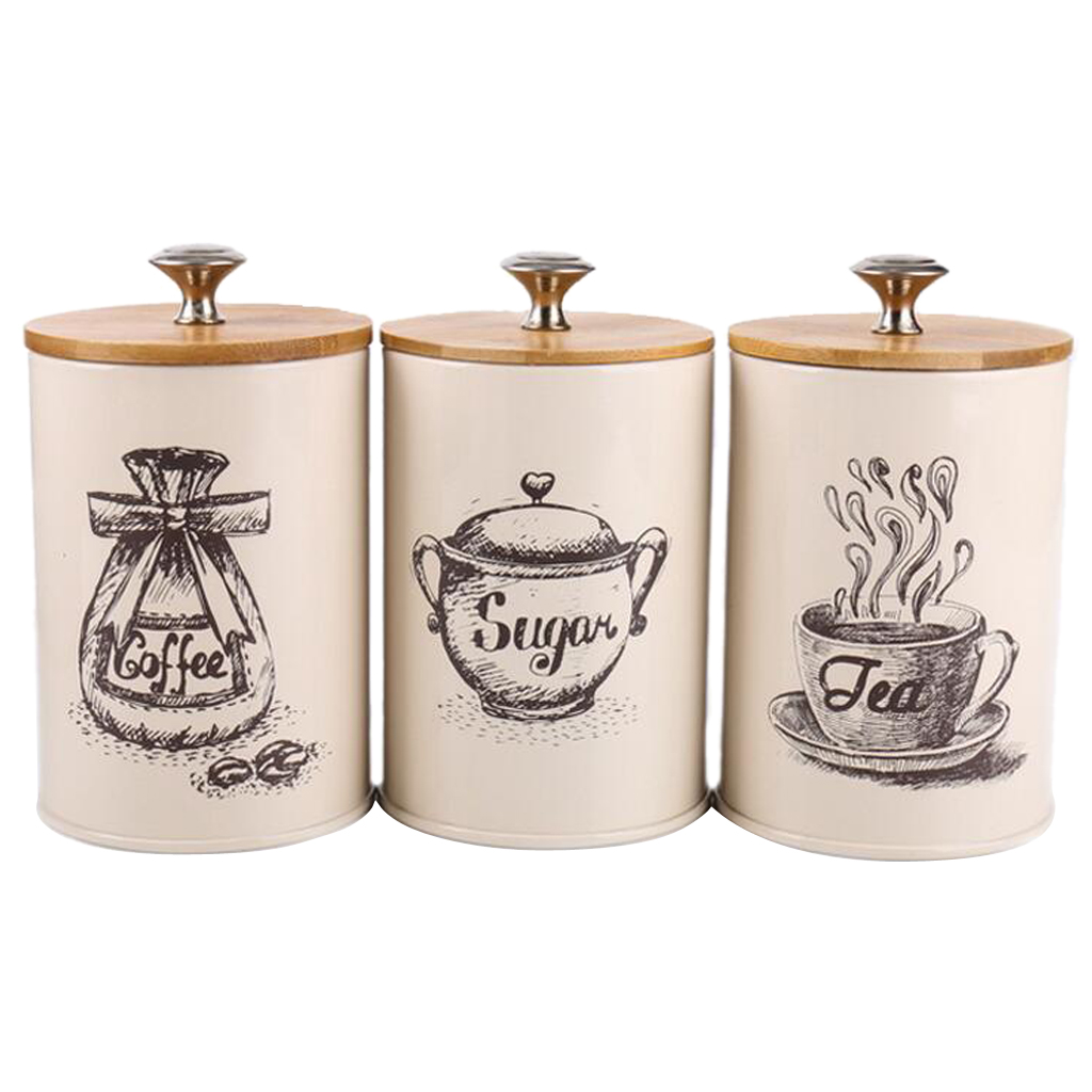 3PC Tea Conical Shaped Metal Kitchen Storage Canisters with Bamboo Lids Cream Sugar & Coffee Canister Set 