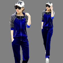2016Autumn Winter Fashion Women Casual Sportswear Suit Velvet Splicing Hooded Long-sleeved Slim Large size Two-piece Women G0169