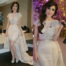 Detachable Train Short Lace Prom Dress 2016 Sequin Beading Arabic Prom Gowns Sexy Vestidos