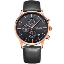 Megir Black Genuine Leather Strap Gold Case Analog Display Date Chronograp Luxury Watch Men Brand Watch relogio masculino
