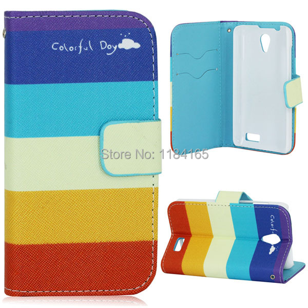 LEN-1225E_1_Rainbow Stripe Pattern Leather Case with Credit Card Slots Holder for Lenovo A319