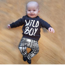 INS2016 Baby Boys Clothes Kids Sets Cotton Children’s Costumes Set Black T-shirt&Pant Letters Printed Stripe Pant Boy Clothing
