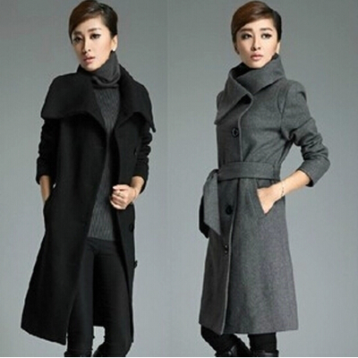 Woolen Coat Women Fashion Grey Black Wool X-Long C...