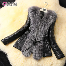 New fashion ladies elegant fur & leather coat sexy fox fur collar Slim long-sleeve outwear plus size fur jacket women fur coat