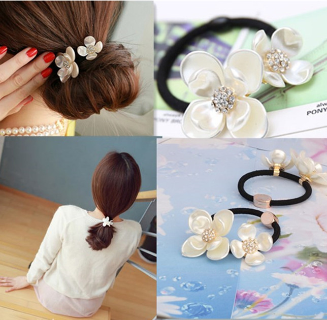 New Korean Women Hair Accessories Rhinestone Tiara Hair Rope Imitation Pearl Shell Flower Elastic Headband Rubber Hair Band