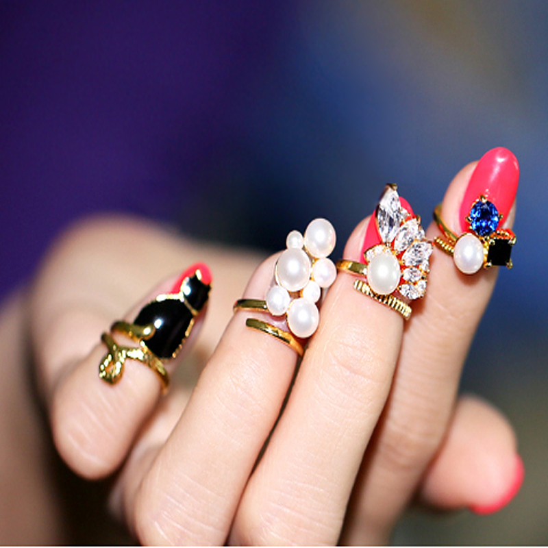 4pcs set Blue Crystal Black Cat Created Pearls Zircon Nail Rings Women Knuckle Ring JZ 073