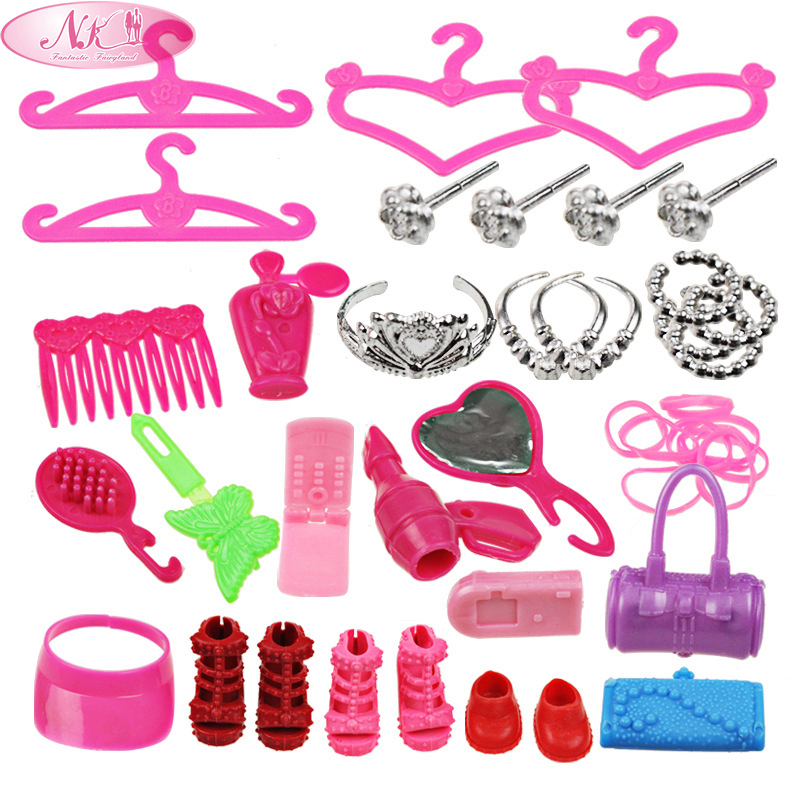 NK 42 Items / Set Doll Accessories Hangers Bag Shoe Earring Bowknot Crown For Barbie Dolls Dress up Best Gift Packs Child Toys