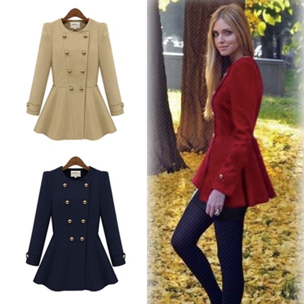 2014 Women Winter Slim Pleated Waist OutWear Double Breasted Trench Jacket Coat Tops Overcoat Red/Navy/Apricot XS/S/M/L
