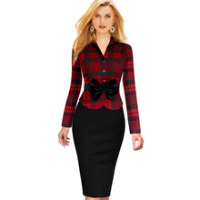 Winter New Women Elegant Faux Twinset Pencil Dresses Lapel Tartan Houndstooth Bow Belt Peplum Patchwork Work Office Sheath Dress