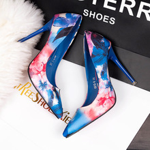Women summer spring satin new thin high heels hot sale printing flowers classic high quality pointed