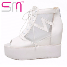 Fashion Women’s Summer Boots Peep Toe Lace Up Charm Shoes Woman Platform Height Increasing High Heels Shoes Mesh Ankle Boots