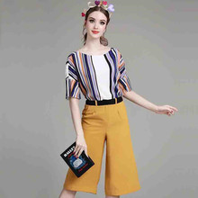 two piece set striped T shirt and wide leg pants fashion folding tops office ladies suits summer plus size women clothing xxl