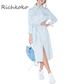 Richkoko Fashion Denim Midi Dress Blue Vintage Single Breasted Tie Waist Dresses Casual Sweet Fashion Stand