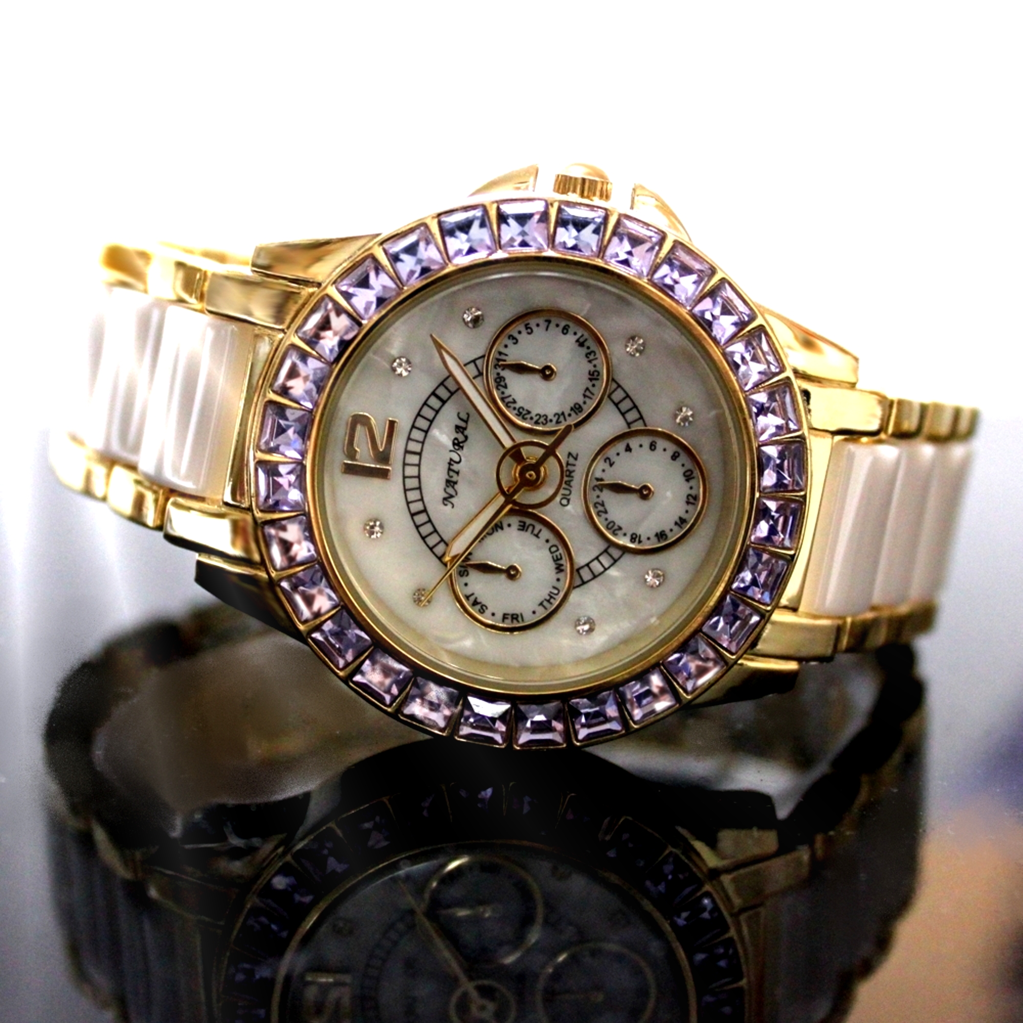 FW830W NATURAL White Dial Ceramic Water Resistant Violet Crystal Bracelet Watch