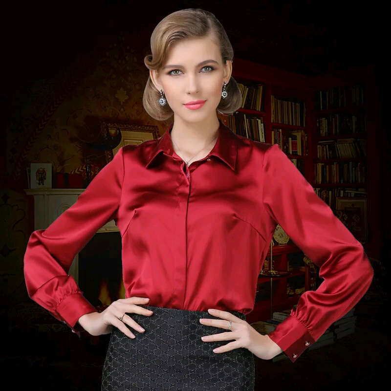 Women SILK blouse long sleeve work blouse 100% REAL SILK Solid Blusas femininas Office lady Plus size 2016 Spring NEW shirt