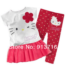 1 Set Retail 2015 New 100 cotton kids clothing set T shirt pant hello kitty children