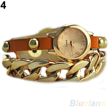 New Arrived Women s Punk Golden Dial Faux Leather Chain Analog Quartz Bracelet Wrist Watch 146O