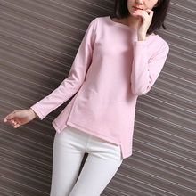 Korean Style Pink Boat Neck Shirt Slim Dobby Printed T-shirt Solid Color Pullover Long Sleeve Crochet Tshirt
