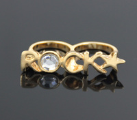 Two-Finger Ring Rock Letter Star Gold Plated with Crystal Punk Fashion Ring Gift