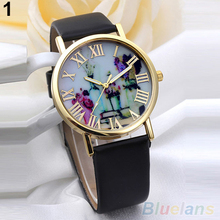 Women Golden Tone Roman Numerals Vases Printed Dial Faux Leather Band Watch  WristWatch