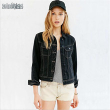 Vintage Slim Denim Jacket 2016 Autumn Brand Design Top Turn-Down Collar Buttons Pocket Fashion Stitching Short Black Jeans Coat
