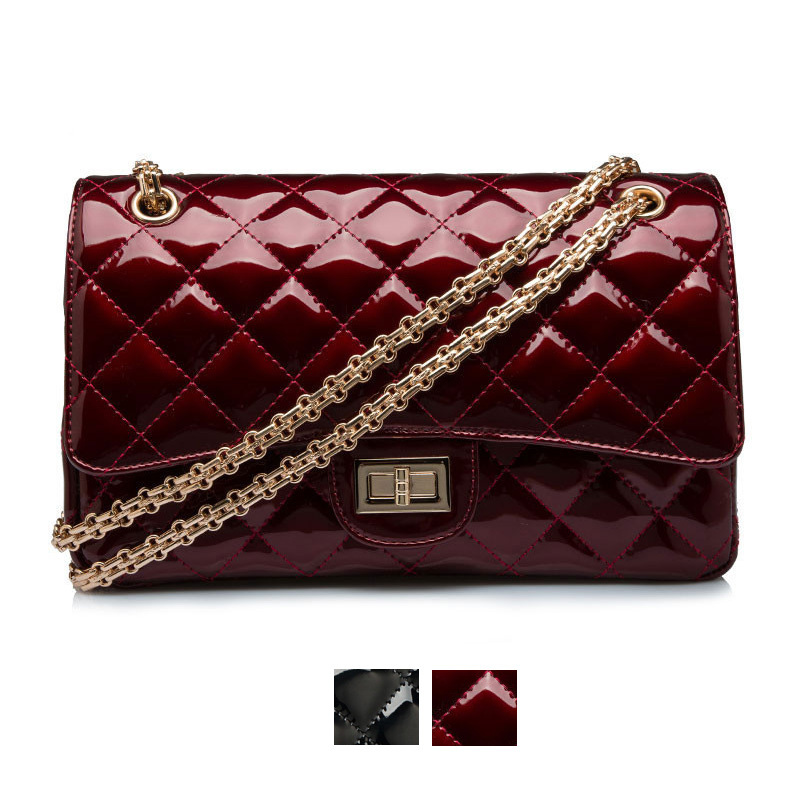 Vintage Patent Leather Handbag Women Bags Chain Plaid Pu Leather Shoulder Bags Celebrity Wine ...