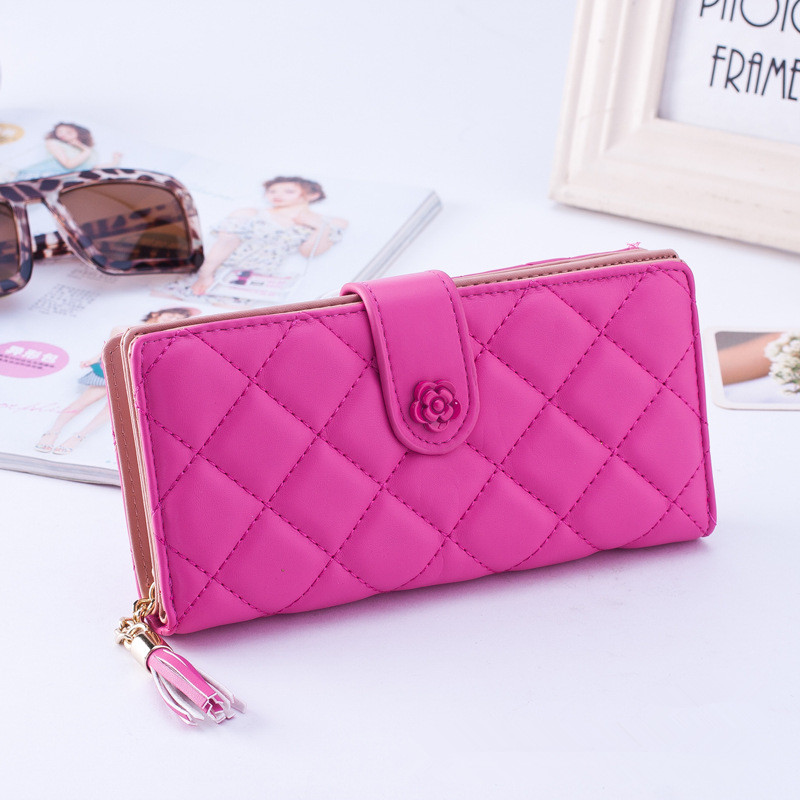 2015 Famous Brand Designer Women Wallets Pu Leather Plaid Rose Flower Lady Clutch Wallet Zipper Tassel Coin Purse Carteras Bags