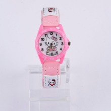 Children hello kitty watch 3 colors leather strap quartz wristwatch 2015 pink red rose red hellokitty