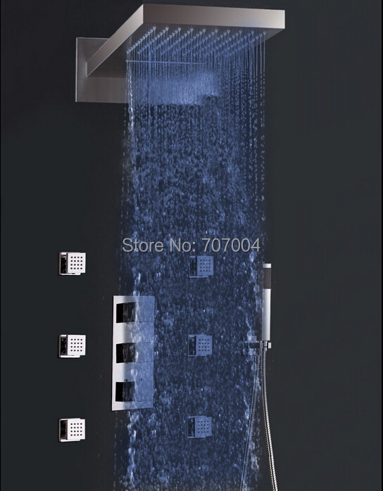 Widespread Wholesale And Retail Luxury LED Color Change Thermostatic Waterfall Rain Shower Faucet & Massage Jets & Hand Shower