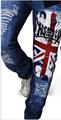 2016 Summer New Product Gentleman Personality Hole Printing Wash Straight Jeans Union Jack Full Length Blue