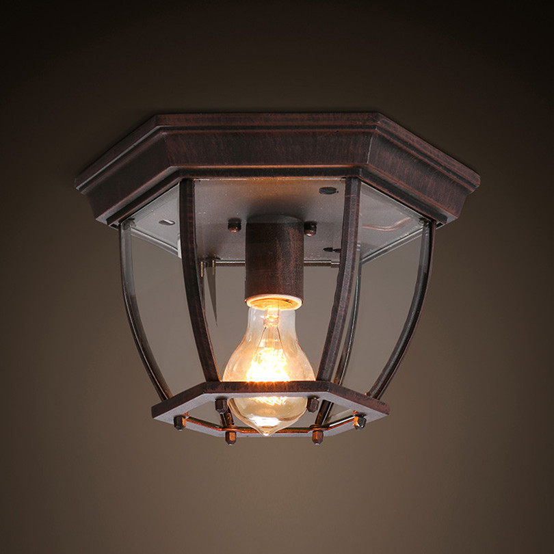 Фотография Dia27cm American Country Vintage Corridor Rust Iron Ceiling Light With Clear Glass Lampshade and Edison A19 Bulb