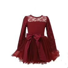 Retail 2015 girls Christmas dress kids Red/black Lace Cotton Party Princess Dress Baby Long-sleeved Dress With Bow Dresses