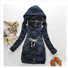 New Arrival Jeans Jacket Women Long Section Sobretudo Thick Warm Cotton Padded Hooded Denim Coat Winter Outwear Tops Clothes J09